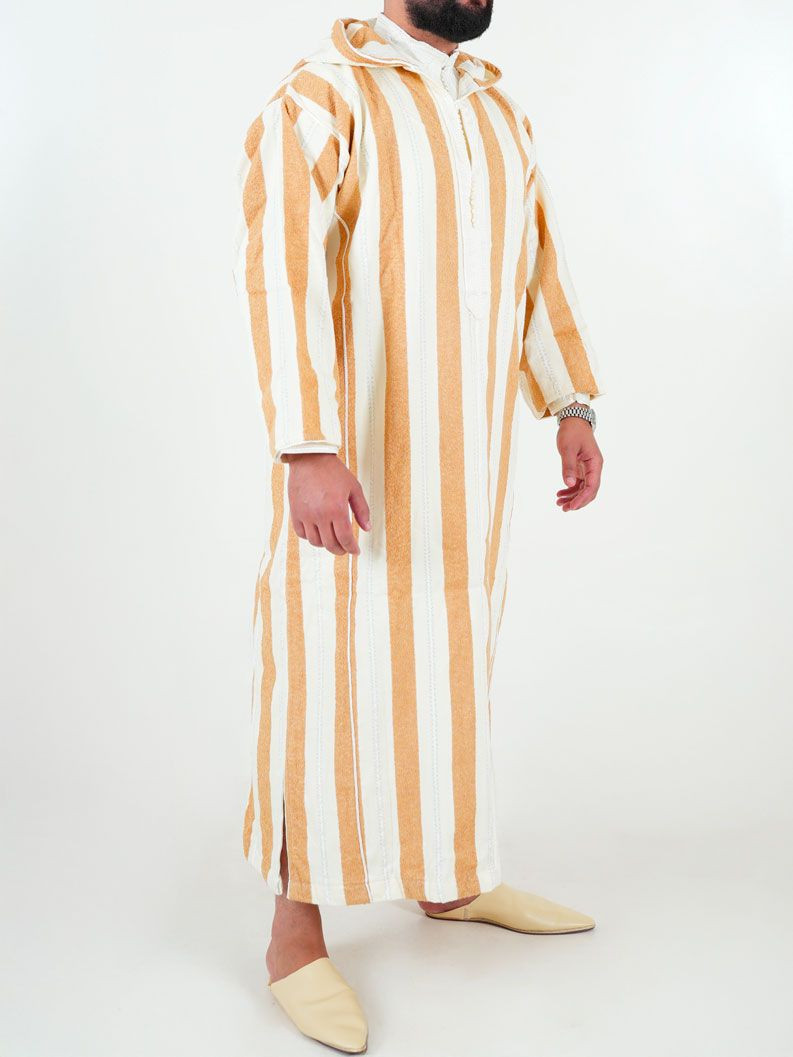Djellaba marocaine Ouazzania rayée - Blanc/or