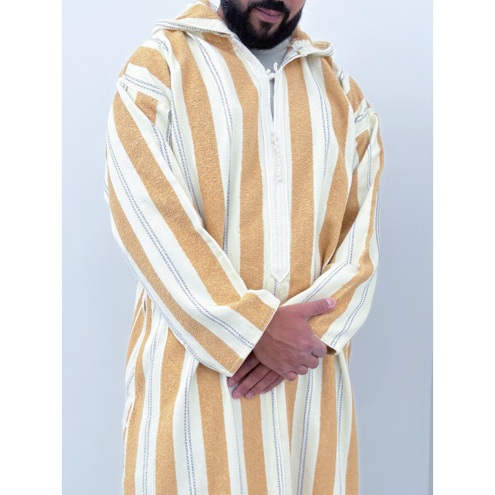 Djellaba marocaine Ouazzania rayée - Blanc/or