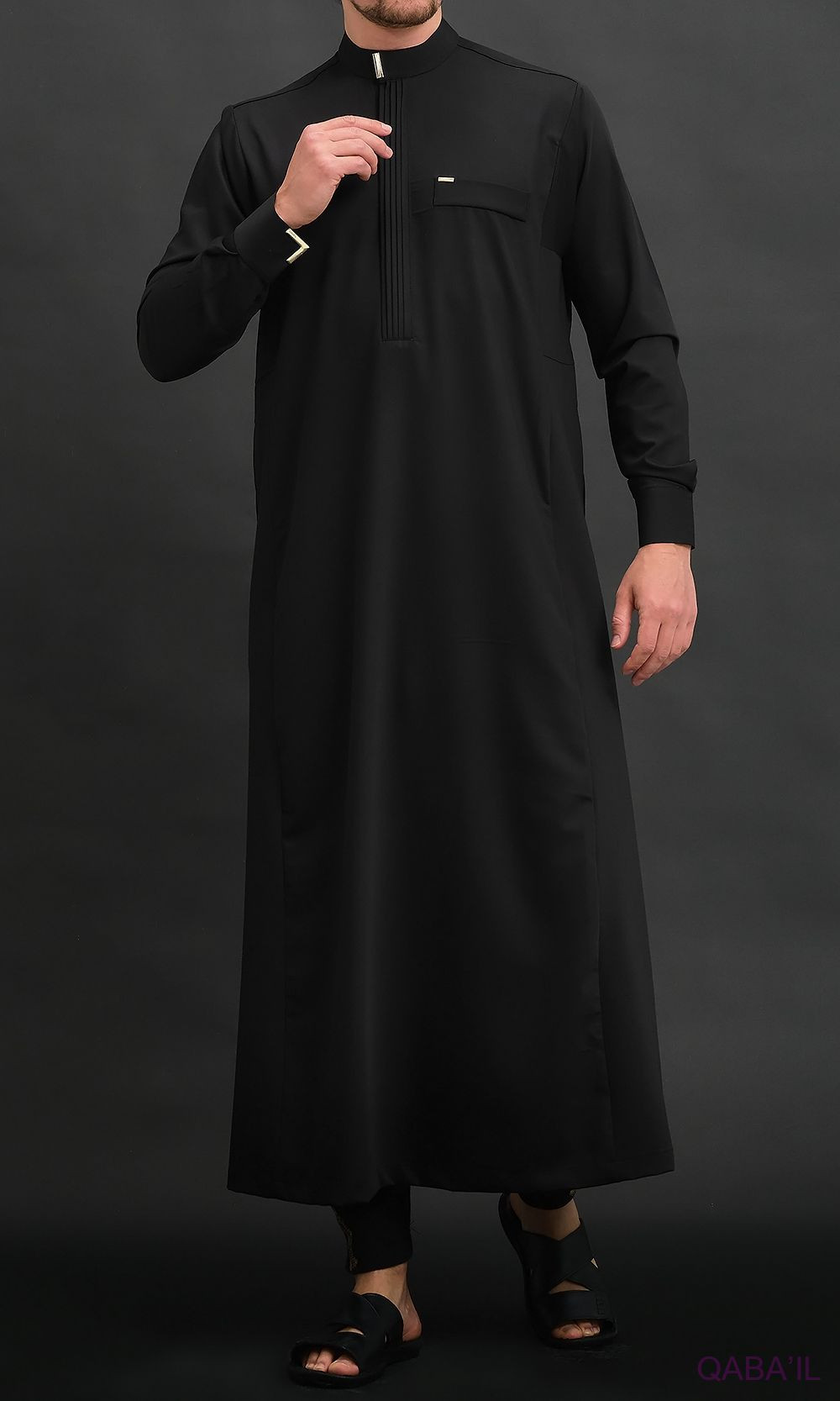 Qamis Long Eminence - Noir broderie Doré - Qabail