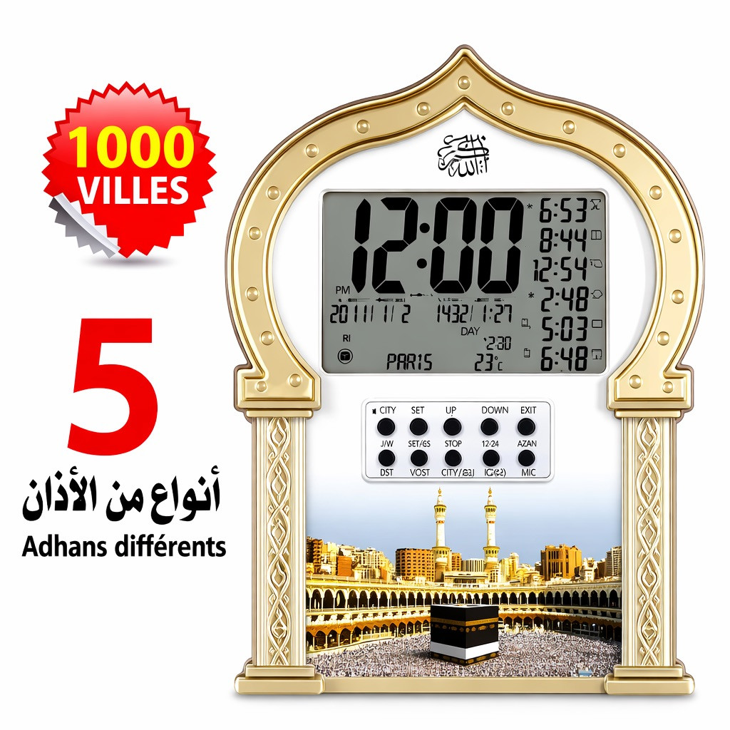 Horloge avec les Horaires des Prières (1000 Villes + 5 Adhans différents + roqya)