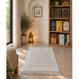 Tapis De Prière - Satin Brillant - Motif FLEUR - Couleur Blanc flocon