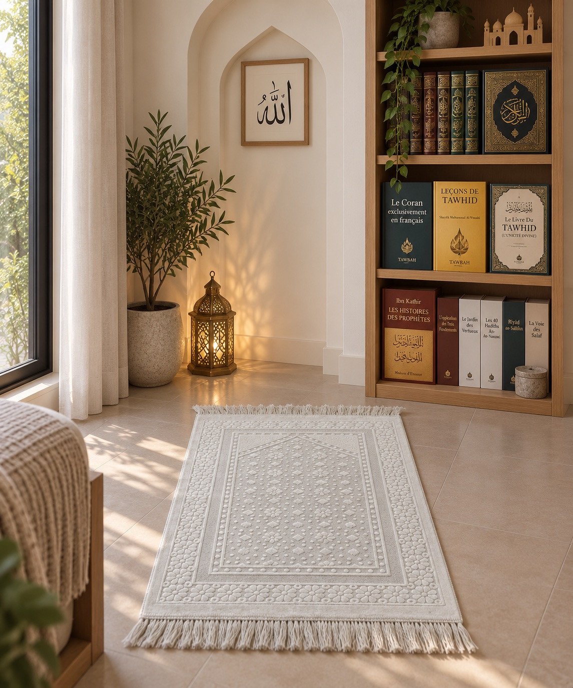 Tapis De Prière - Satin Brillant - Motif FLEUR - Couleur Blanc flocon