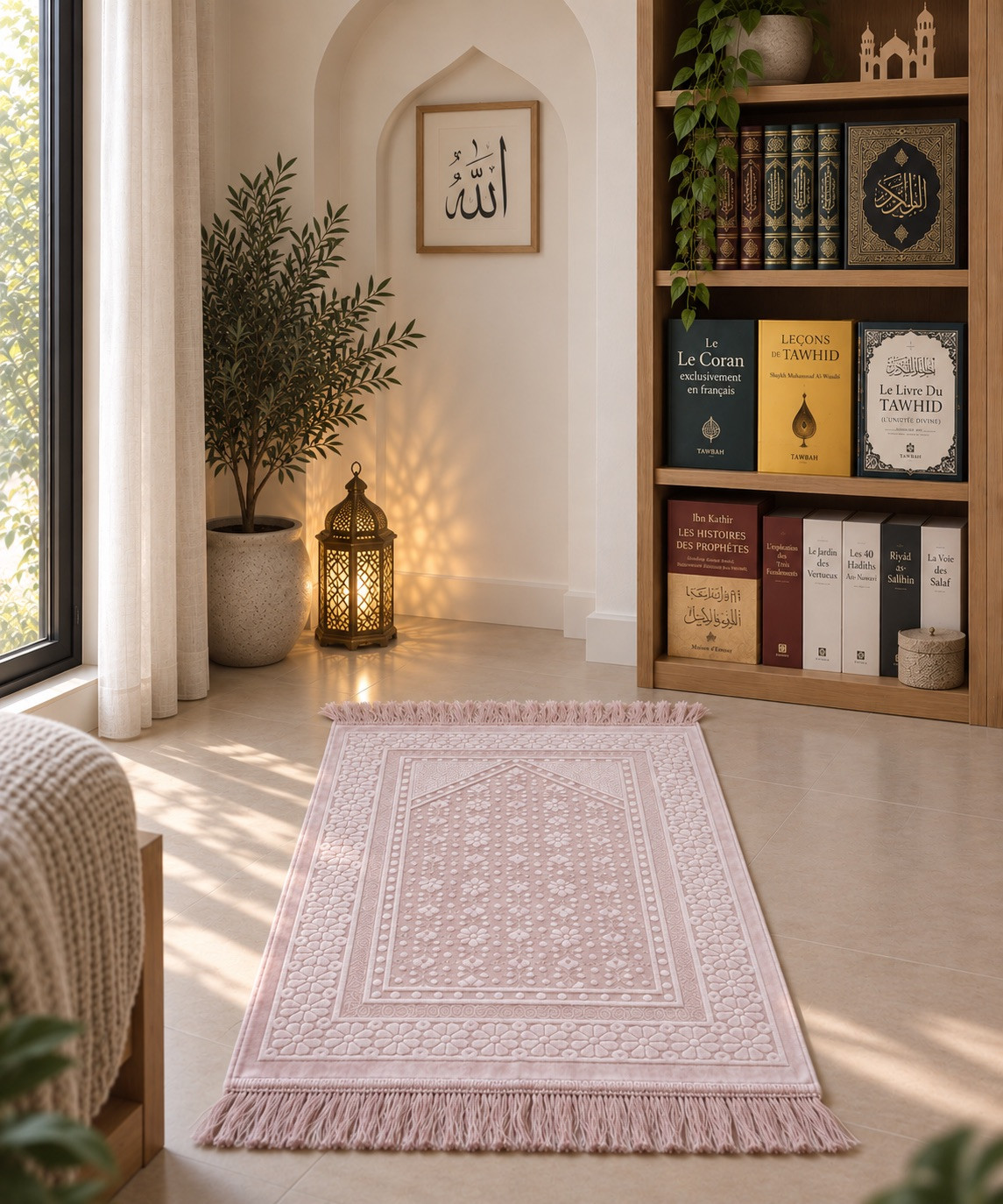 Tapis De Prière - Satin Brillant - Motif FLEUR - Couleur Rose pastel