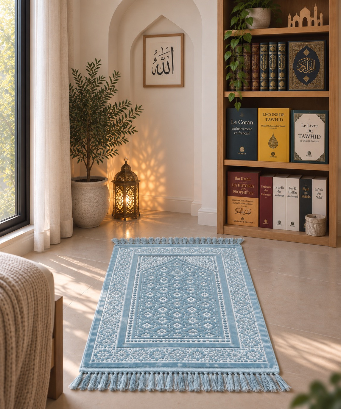 Tapis De Prière - Satin Brillant - Motif FLEUR - Couleur Rose pastel