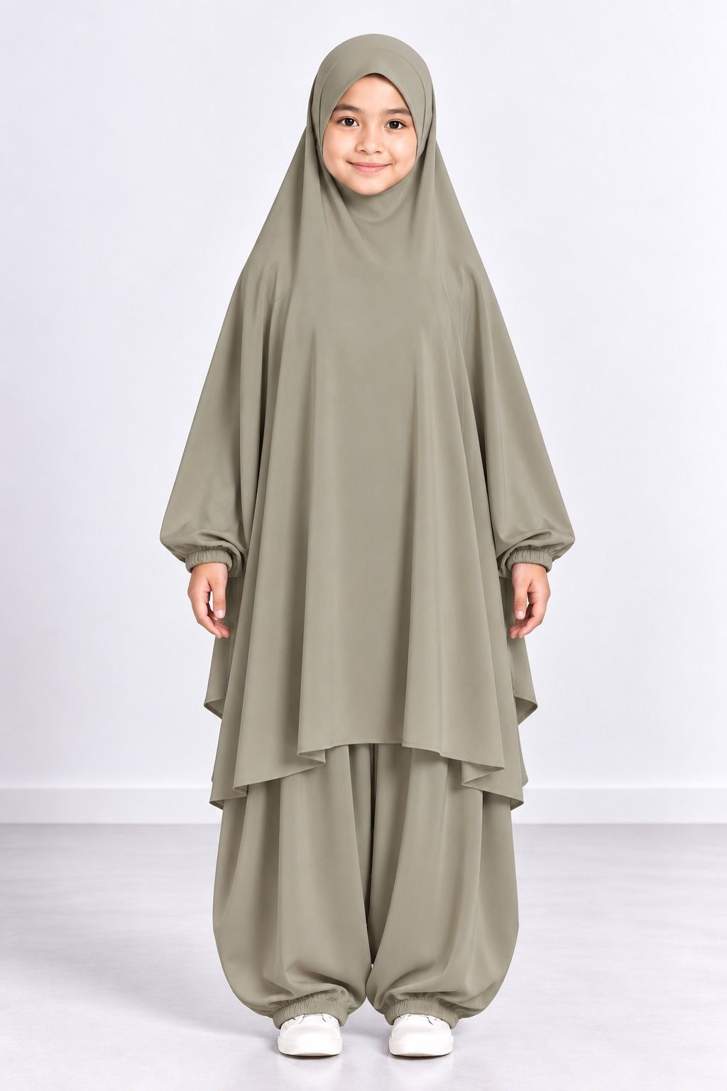 Jilbab enfant 2 pièces sarouel 9735-2 - kaki clair
