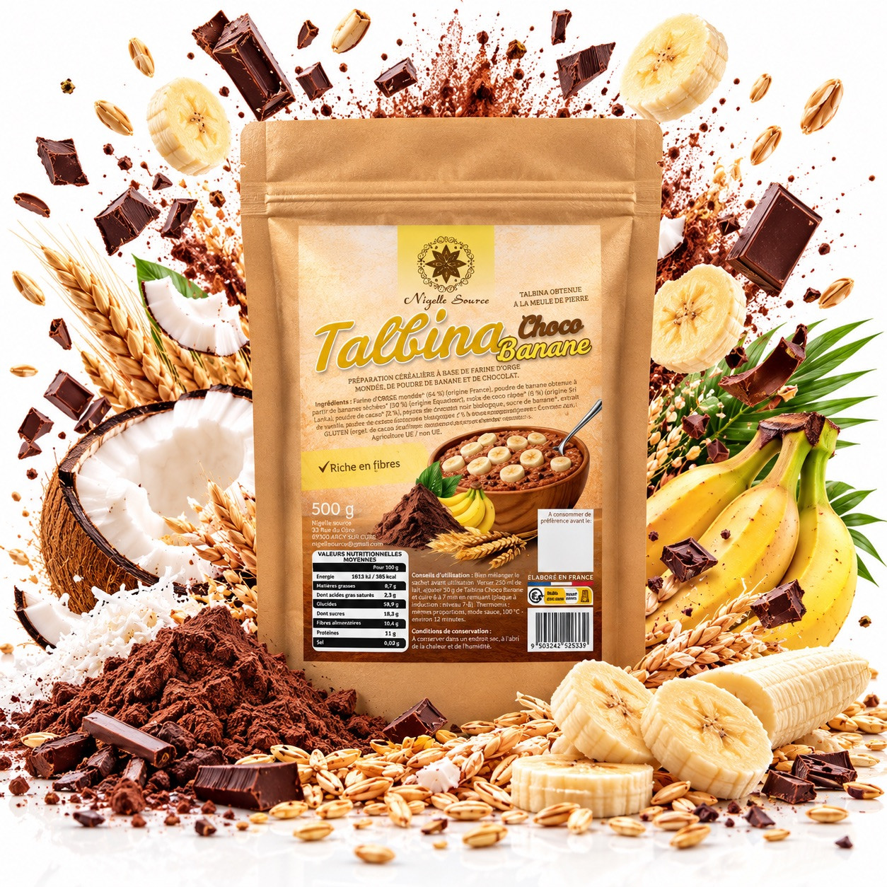 Talbina choco banane - Talbina au chocolat et banane bio 500gr - Nigelle Source