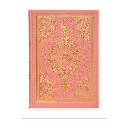 Couverture de Coran arabe français rose doré, Hamidullah, 15 × 20 cm