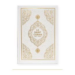 Couverture de Coran arabe français blanc doré, Hamidullah, 15 × 20 cm