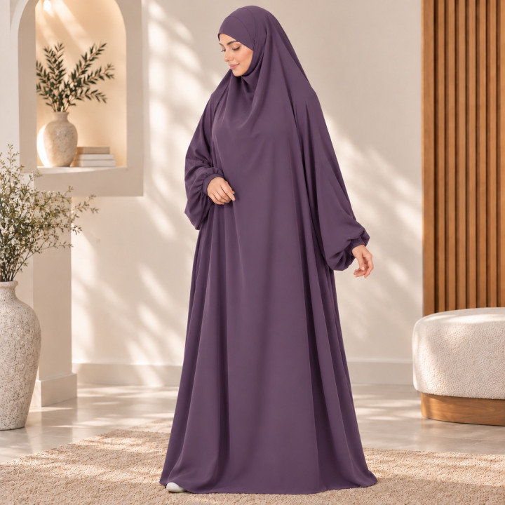 Jilbab 1 pièce A1 soie de médine prune - El Bassira