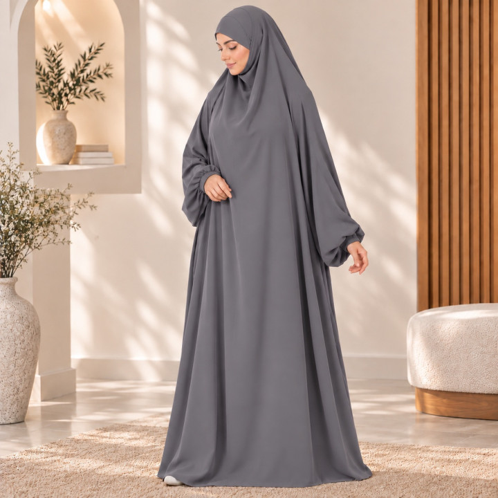 Jilbab 1 pièce A1 soie de médine gris foncé - El Bassira