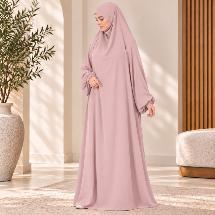Jilbab 1 pièce A1 soie de médine rose pale - El Bassira