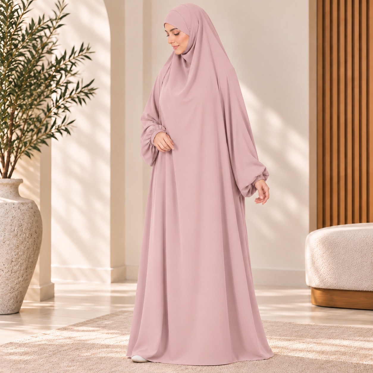 Jilbab 1 pièce A1 soie de médine rose pale - El Bassira