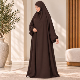 Jilbab 1 pièce A1 soie de médine marron foncé - El Bassira