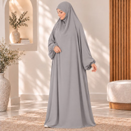 Jilbab 1 pièce A1 soie de médine gris - El Bassira