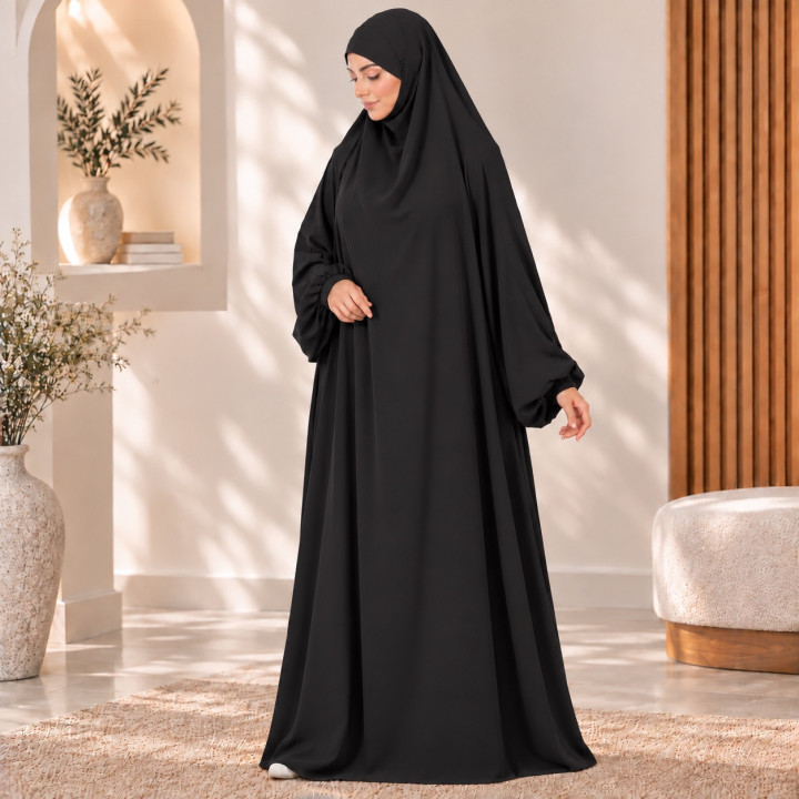 Jilbab 1 pièce A1 soie de médine noir - El Bassira