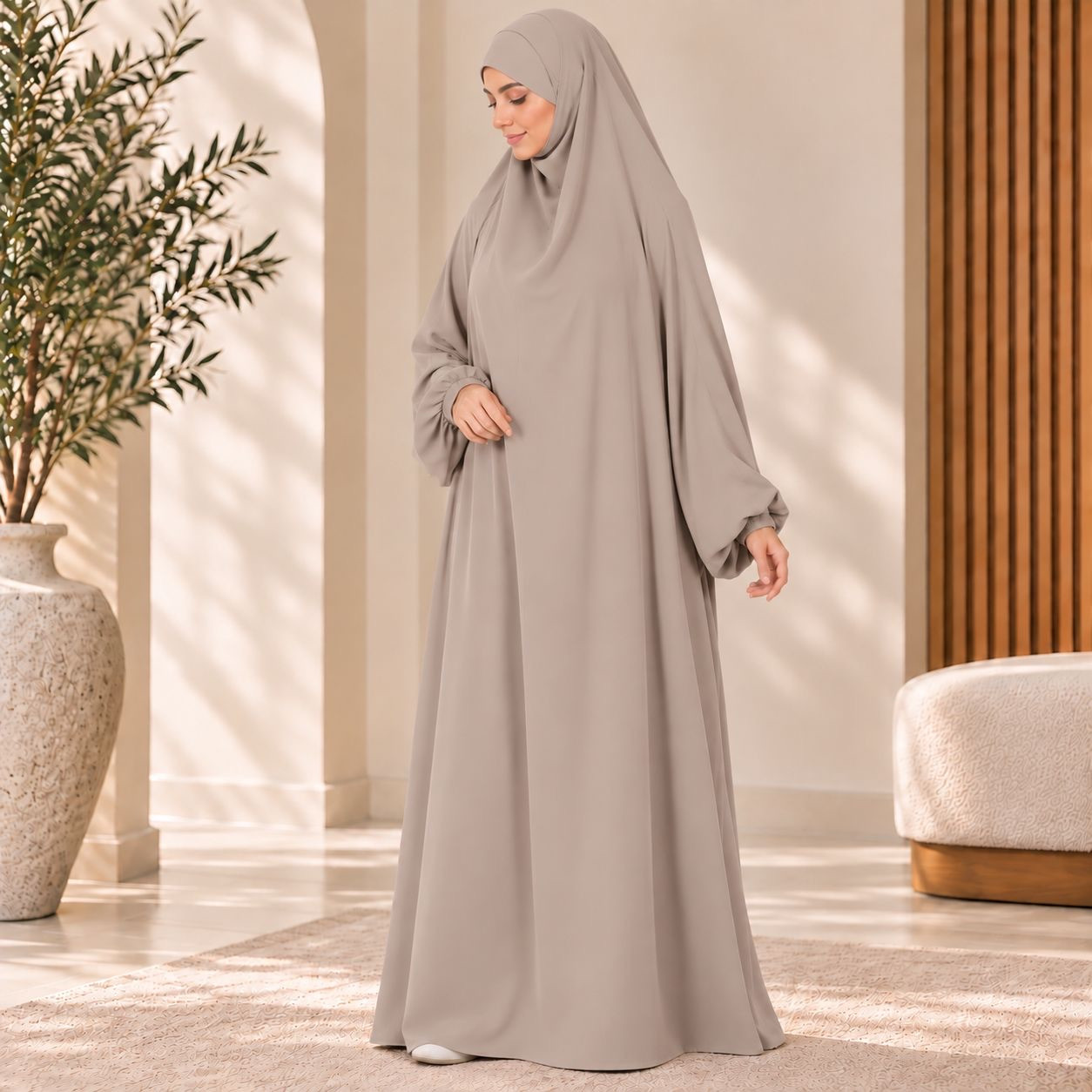 Jilbab 1 pièce A1 soie de médine beige - El Bassira