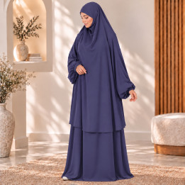 Jilbab 2 pièces A2J soie de médine bleu marine - El Bassira