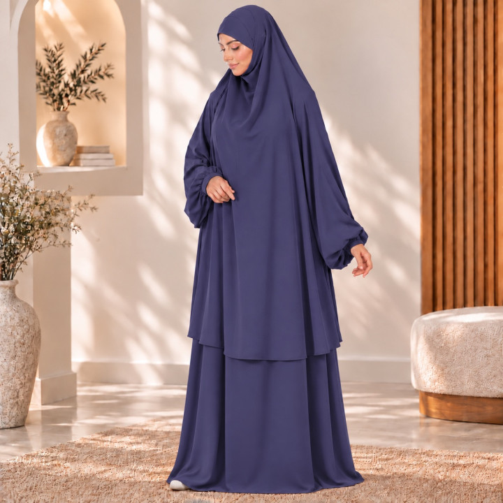 Jilbab 2 pièces A2J soie de médine bleu marine - El Bassira
