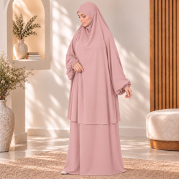 Jilbab 2 pièces A2J soie de médine rose pale - El Bassira