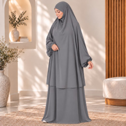 Jilbab 2 pièces A2J soie de médine gris foncé - El Bassira