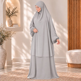 Jilbab 2 pièces A2J soie de médine gris clair - El Bassira
