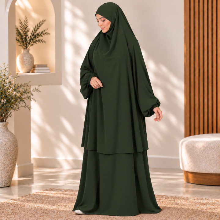 Jilbab 2 pièces A2J soie de médine kaki - El Bassira