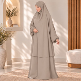 Jilbab 2 pièces A2J soie de médine beige - El Bassira