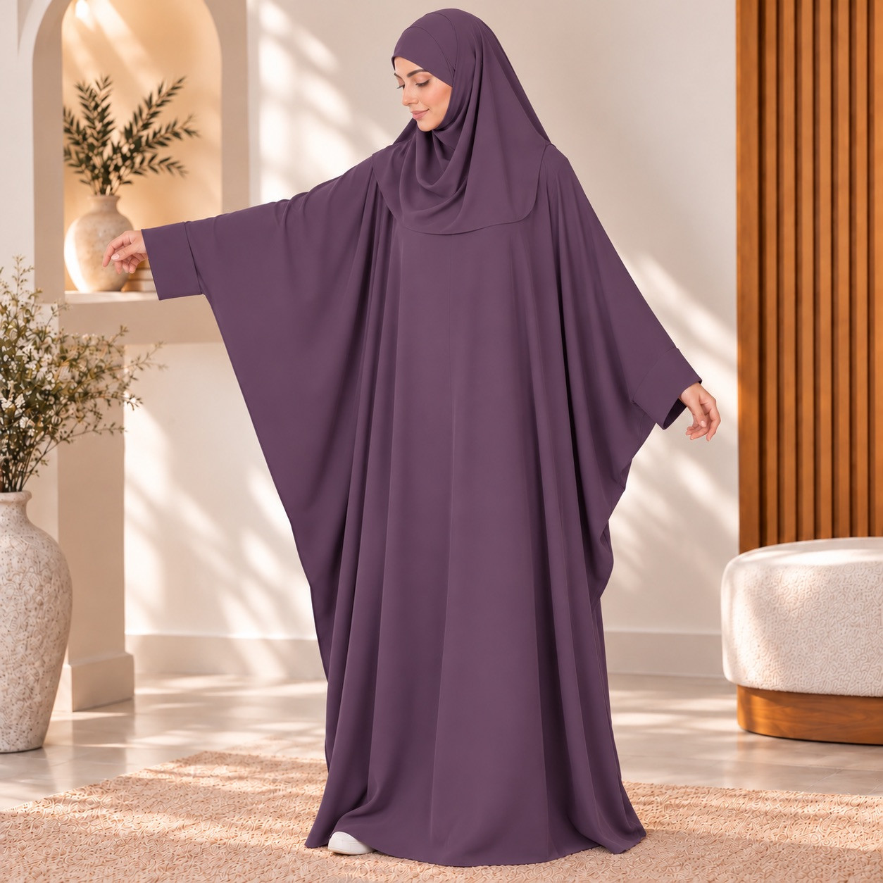 Abaya saoudienne Radya soie de médine prune - El Bassira