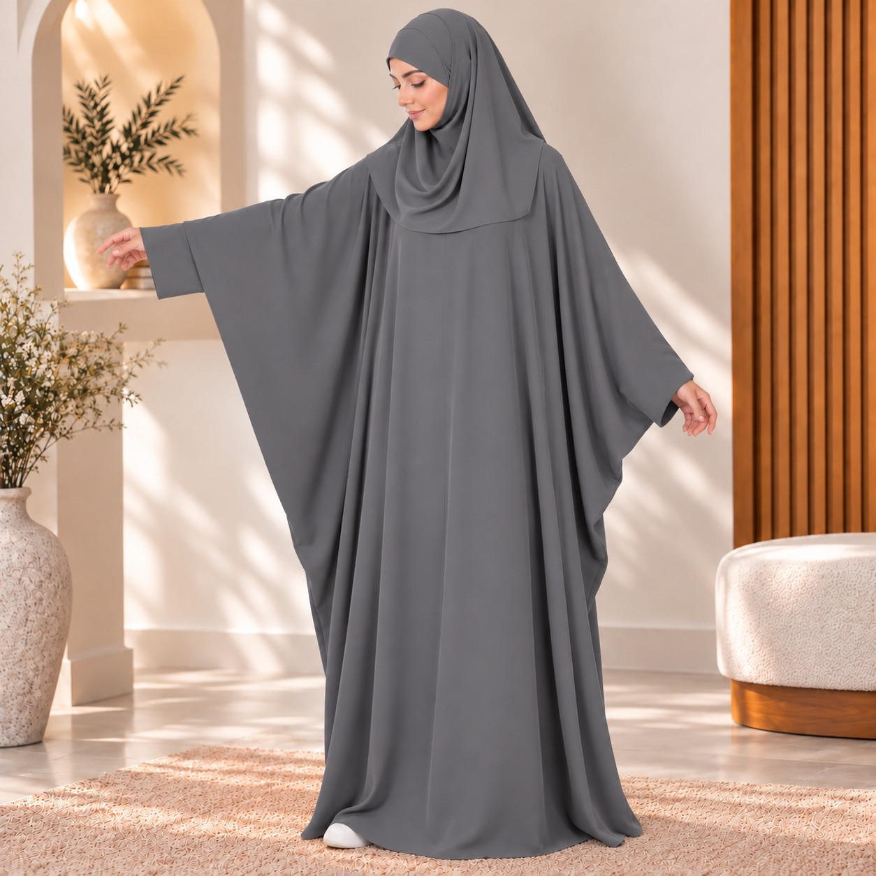 Abaya saoudienne Radya soie de médine gris foncé - El Bassira