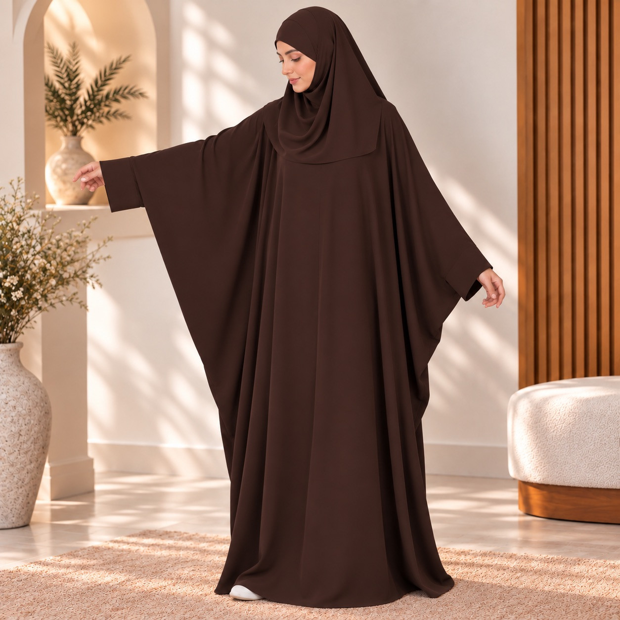 Abaya saoudienne Radya soie de médine marron foncé - El Bassira