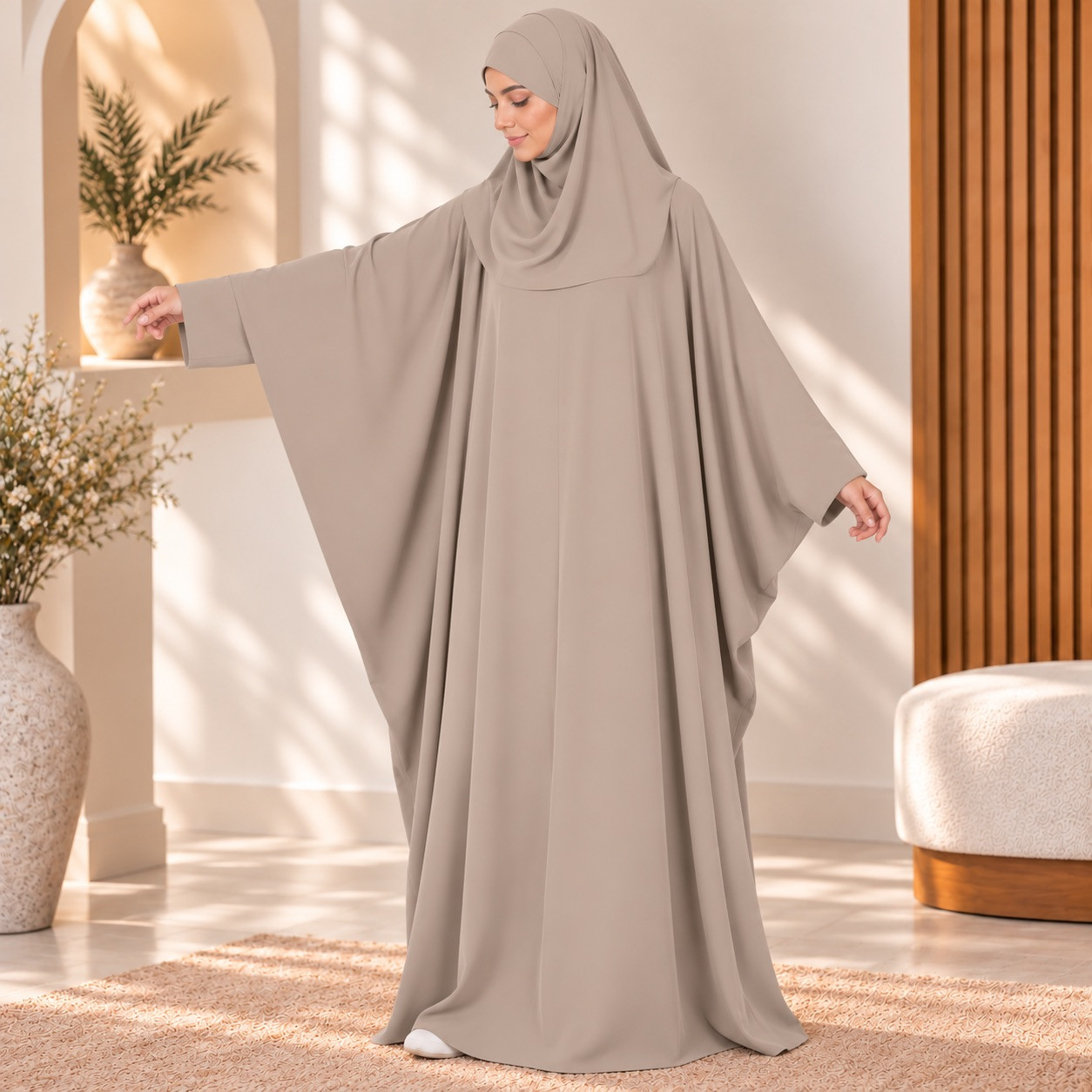 Abaya saoudienne Radya soie de médine beige - El Bassira