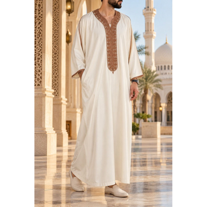 Gandoura marocaine Amir - blanc cassé/ bronze