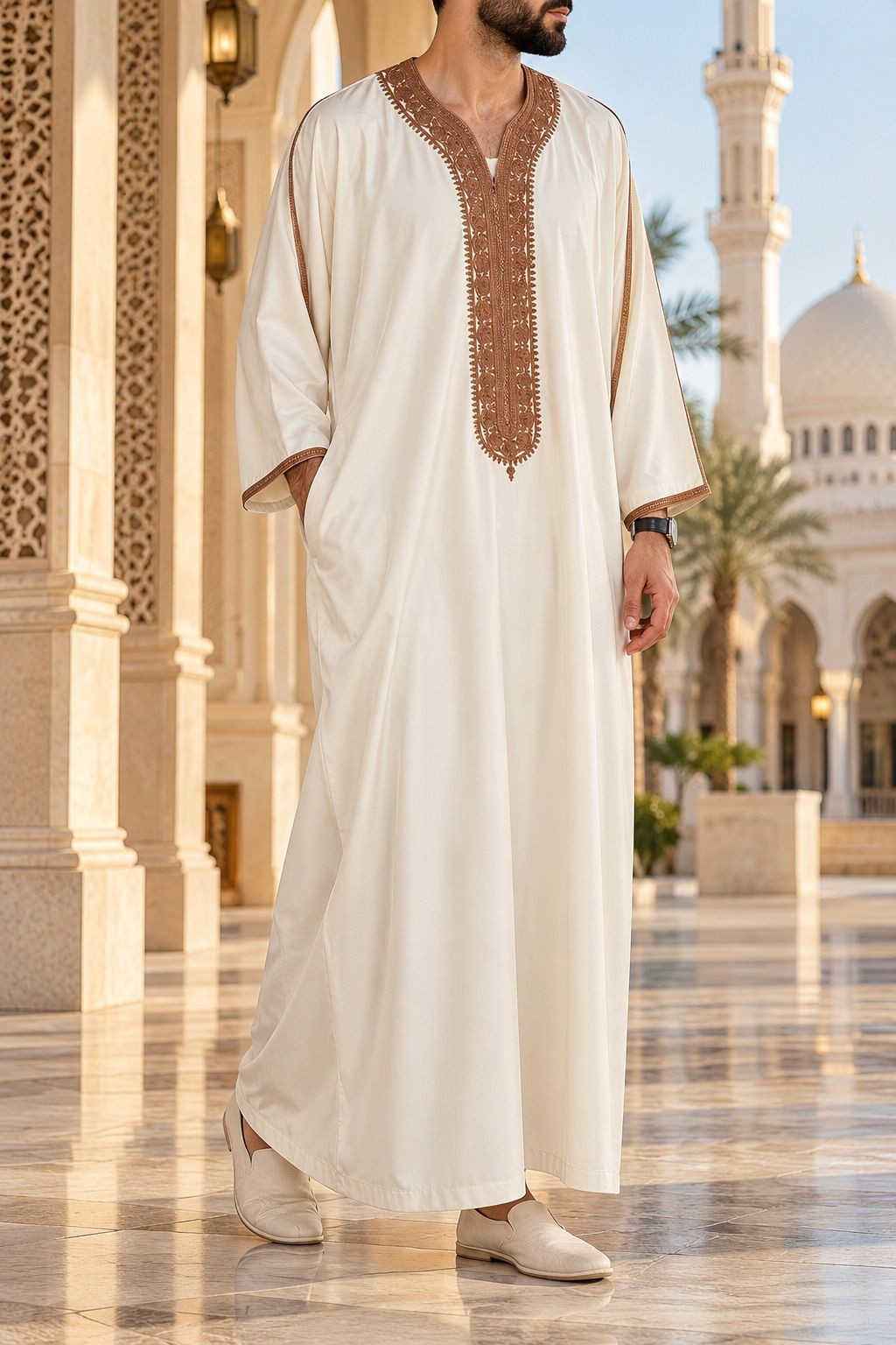 Gandoura marocaine Amir - blanc cassé/ bronze