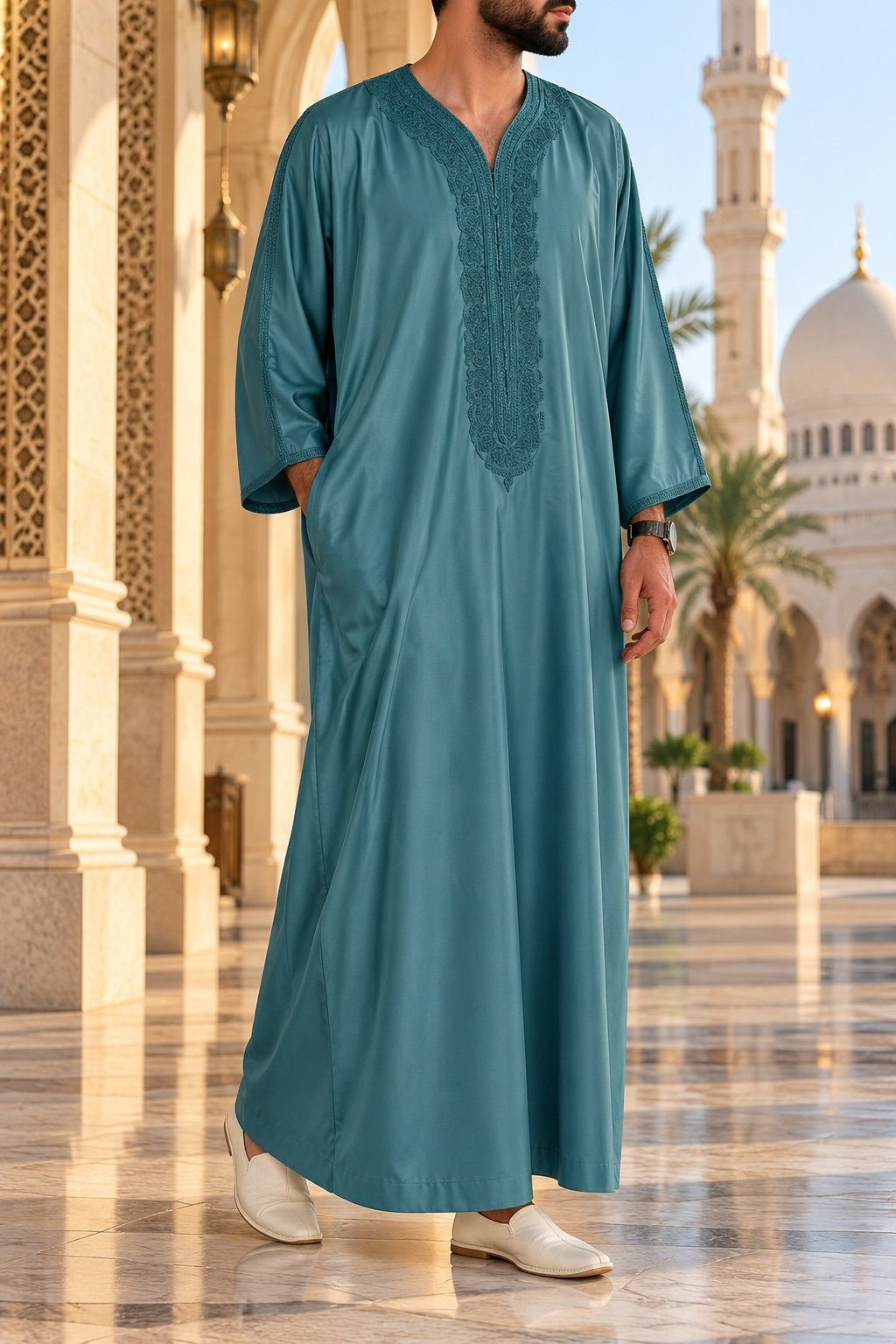 Gandoura marocaine Amir - vert bleuté