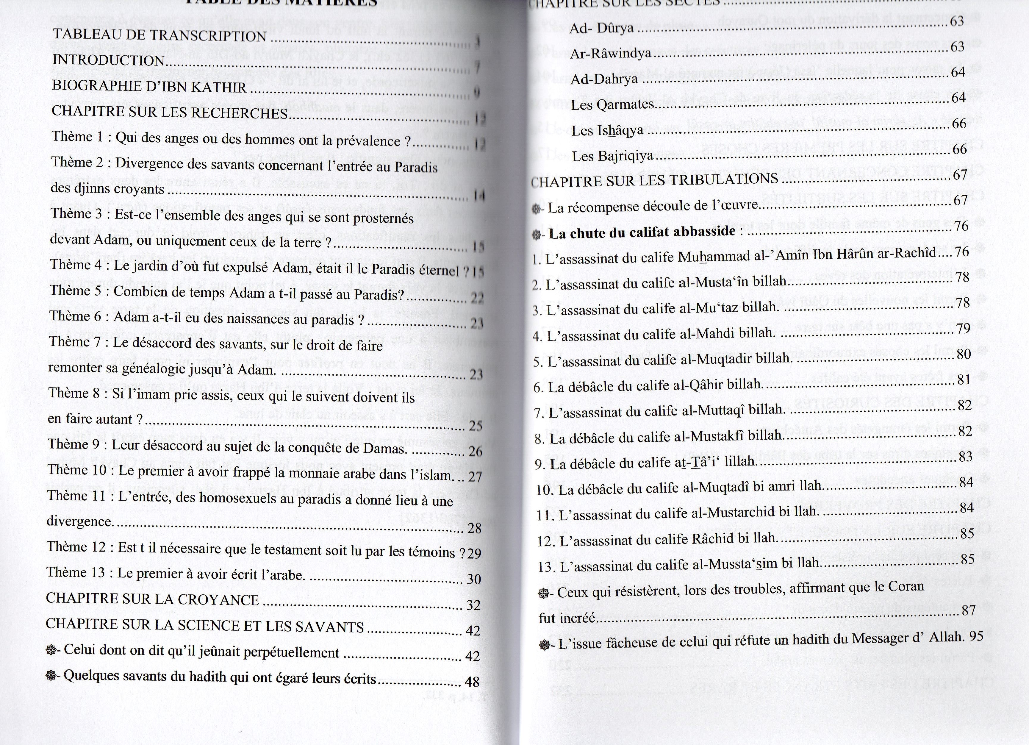 CLASSIFICATION DES POINTS NOTABLES DE AL BIDAYA WA AN NIHAYA