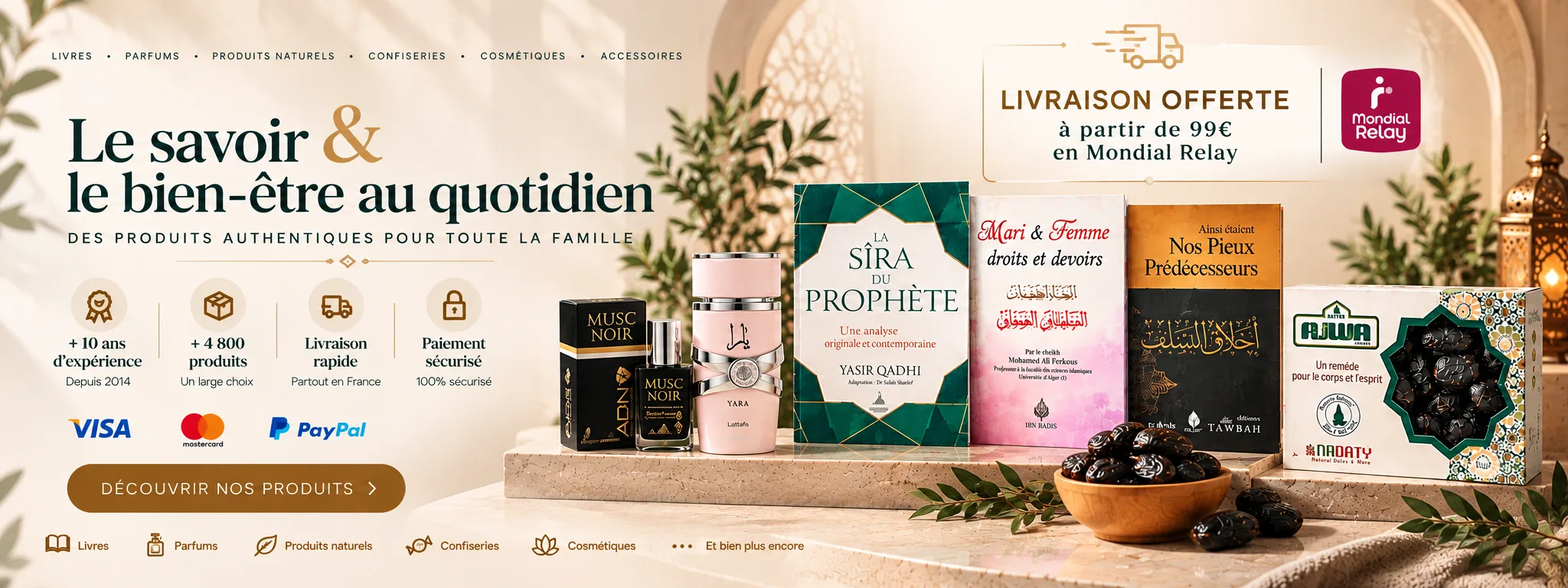 Livres reliés, qamis en lin plié, flacon de parfum, dattes et encensoir en laiton sur une table en bois